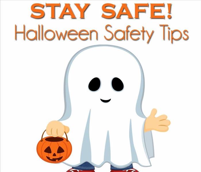 Ghost Halloween Costume with text that says "Stay Safe. Halloween Safety Tips"
